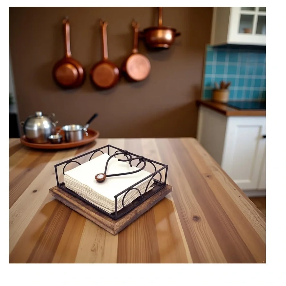 Wooden Napkin Holder with Metal Heart Design 049